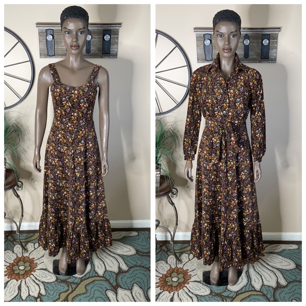 LANZ ORIGINAL Vintage Two Piece Fine Corduroy Floral Print Dress & Jacket Size 9